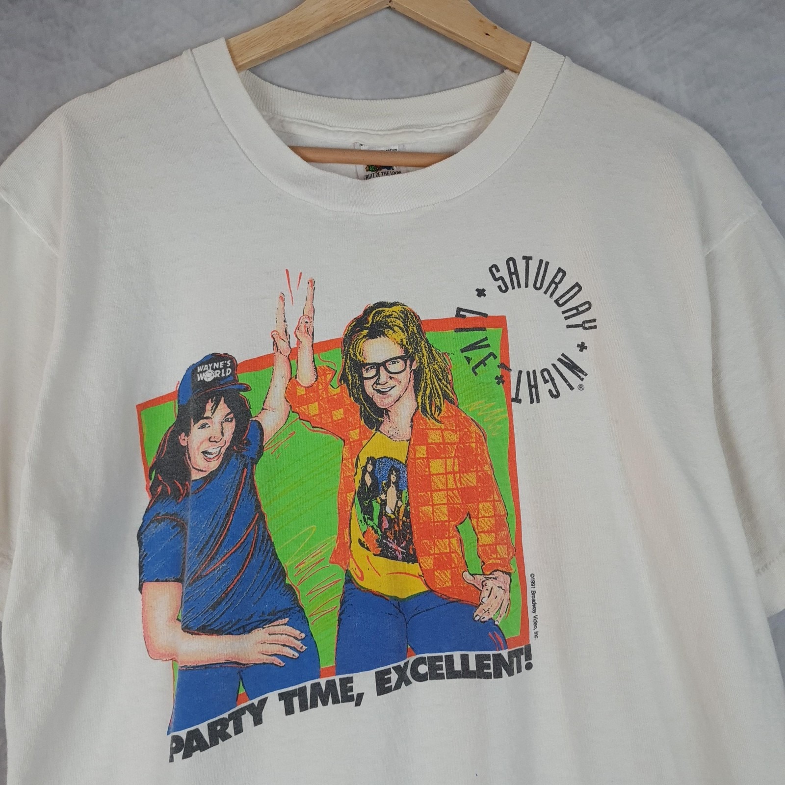 Vintage Waynes World Snl Shirt Mens Large White Party Time 1991 Graphic Tee